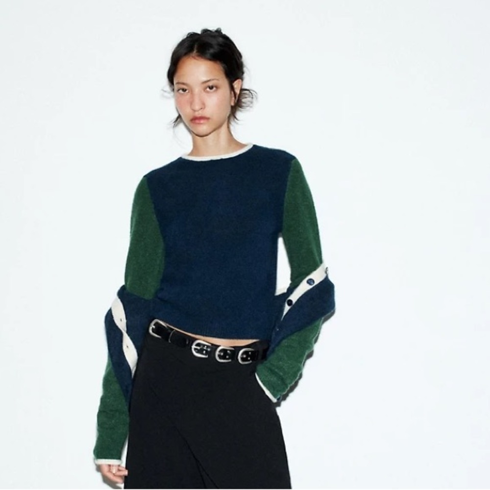 Zara Colorblock Navy and Forest Green Wool Crewneck Sweater - Picture 2 of 8